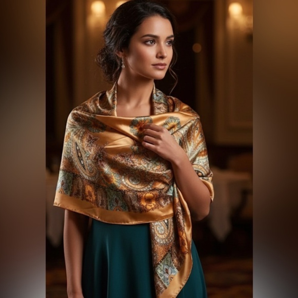 ✨NEW Elegant Gold and Green Paisley Scarf